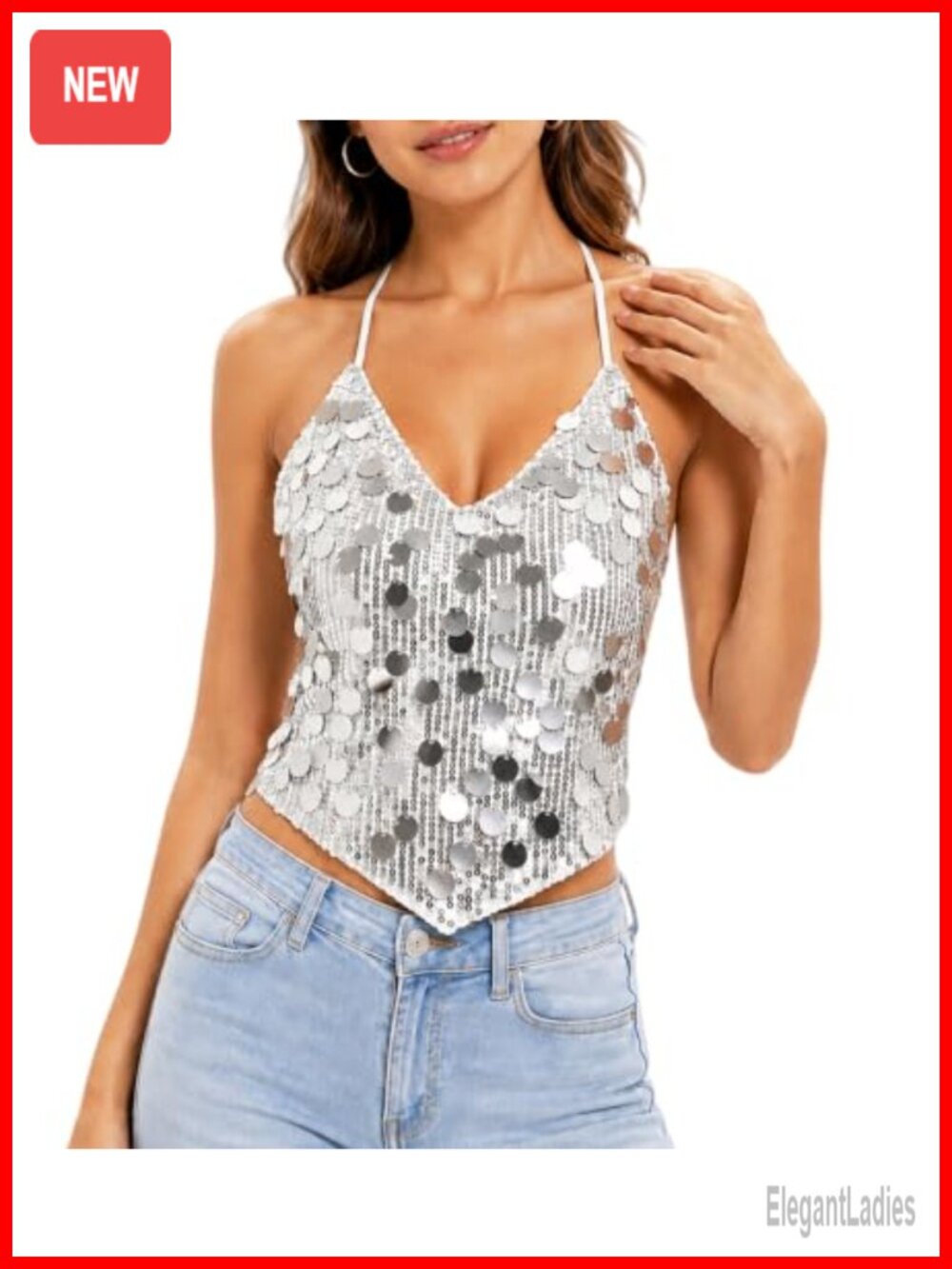 Sequin Halter Tank Top Sparkle V Neck Y2K Disco Party Outfit